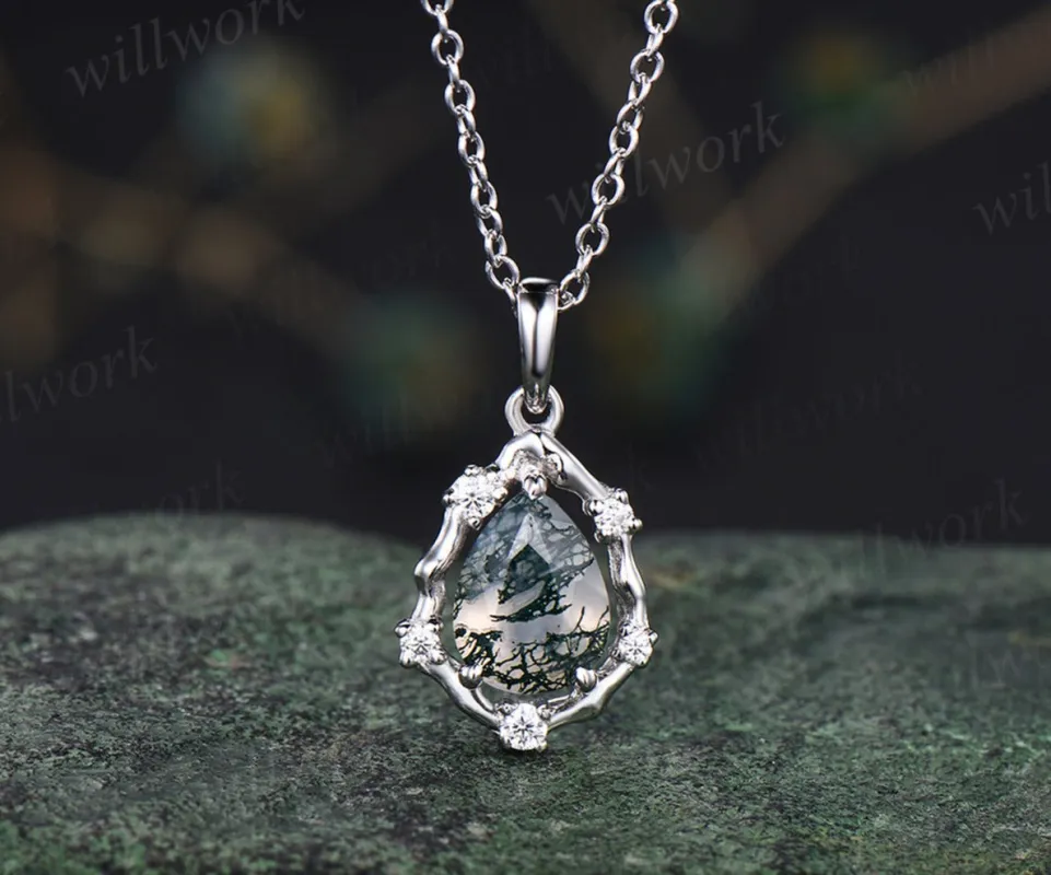Vintage teardrop moss agate pendant necklace art deco moissanite diamonds halo pendant sterling silver necklace for women mother gifts sold by Willwork Jewelry