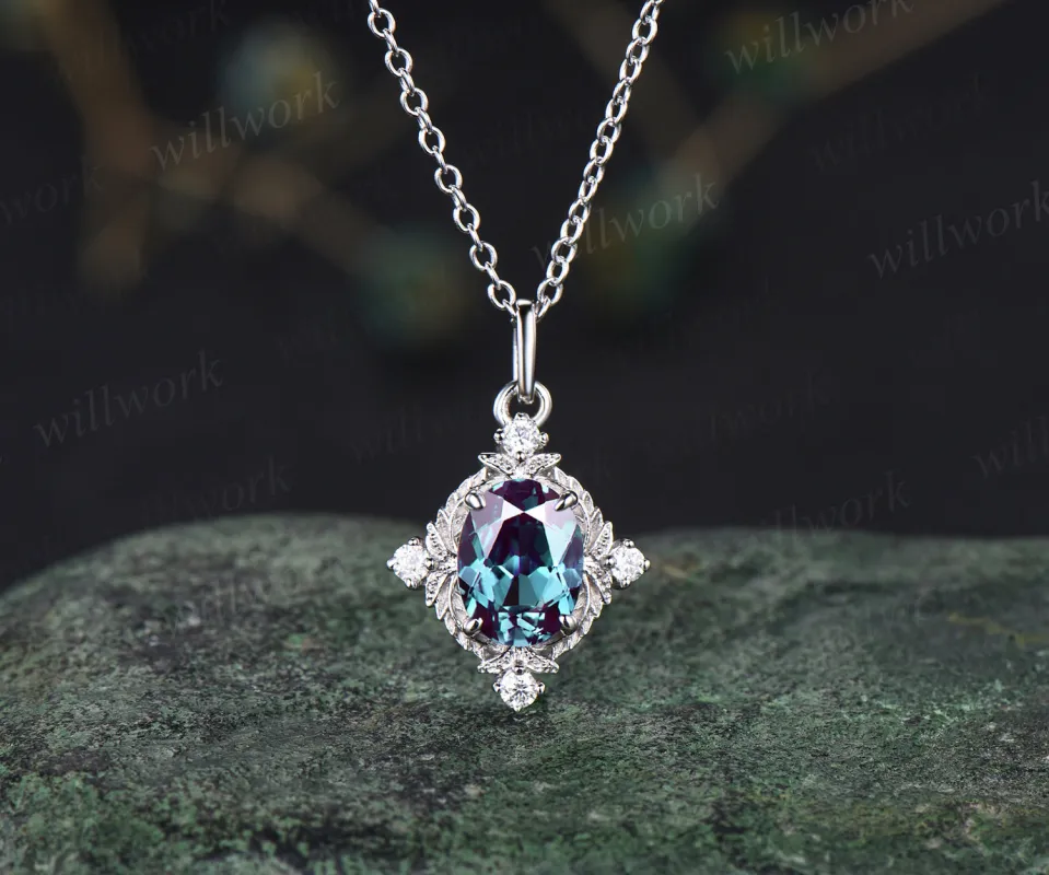 Oval alexandrite nature inspired leaf pendant necklace art deco moissanites diamonds necklace dainty sterling silver necklace for women gifts for her sold by Willwork Jewelry