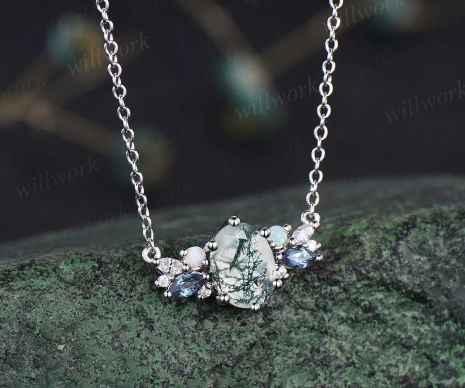 Oval moss agate dainty pendant necklace cluster alexandrite opal pendant sterling silver white gold necklace gifts for women sold by Willwork Jewelry