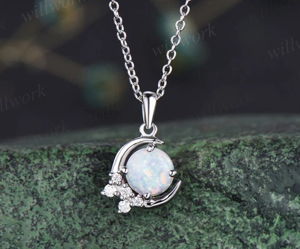 Vintage opal pendant crescent moissanite cluster pendant necklace sterling silver white gold necklace for women birthday anniversary gifts sold by Willwork Jewelry