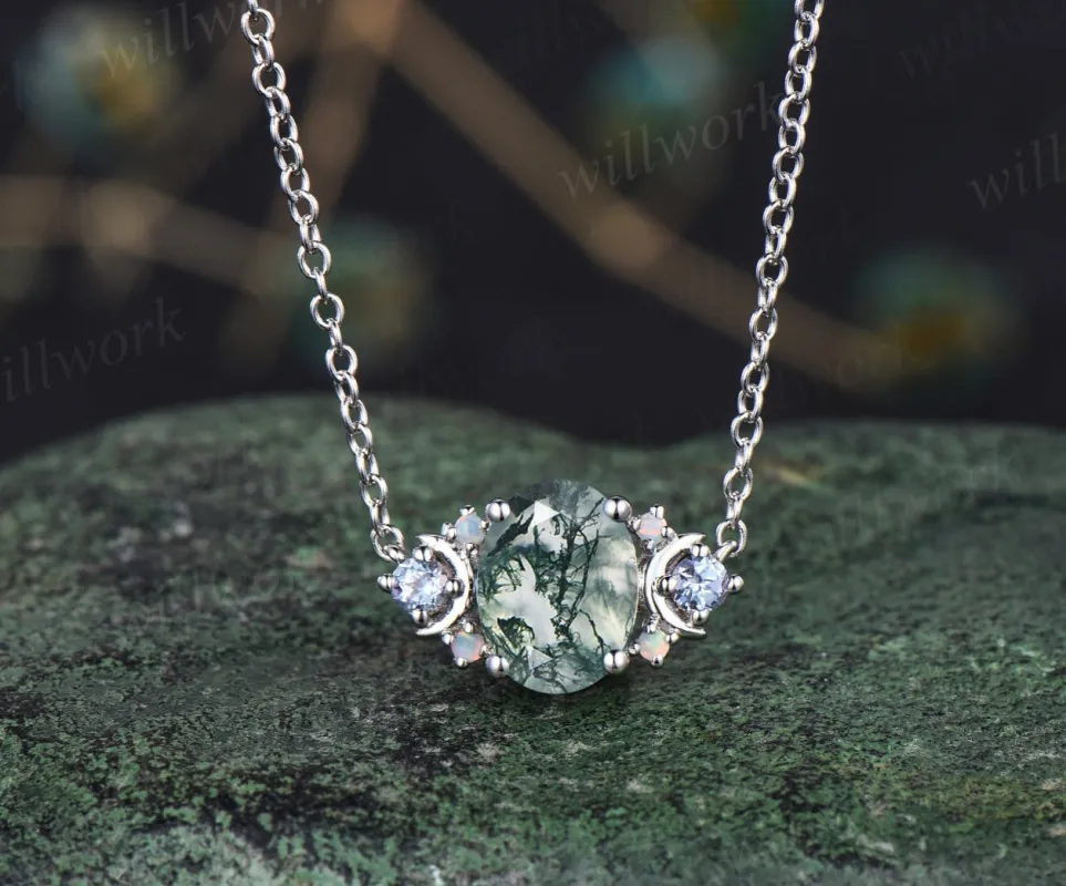 Natural oval moss agate dainty pendant necklace art deco moon alexandrite opal pendant sterling silver white gold necklace for women gifts for her sold by Willwork Jewelry