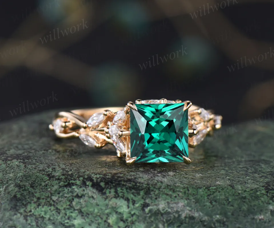 Unique princess cut emerald engagement ring marquise moissanite cluster twig floral ring May birthstone anniversary wedding ring sold by Willwork Jewelry