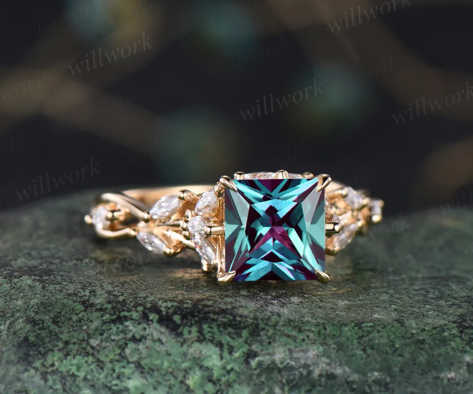 Vintage princess cut alexandrite engagement ring unique twig nature inspired ring marquise cluster art deco promise ring birthstone jewelry gifts for her sold by Willwork Jewelry