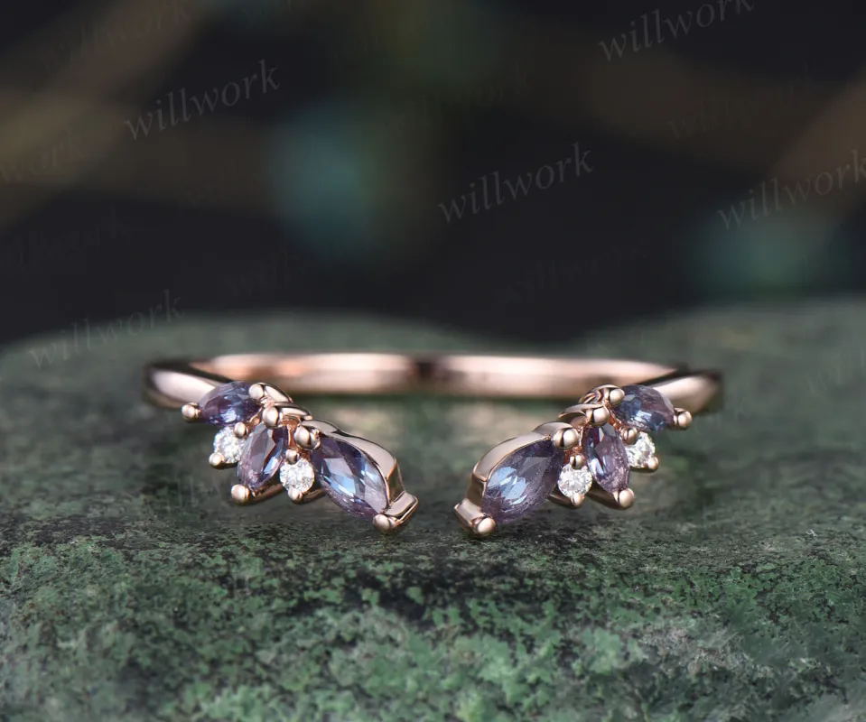 Alexandrite moissanite curved wedding band vintage rose gold open gap stackable ring matching band unique ring for women sold by Willwork Jewelry
