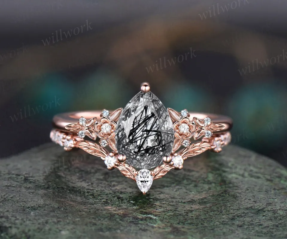 Vintage pear black rutilated quartz engagement ring rose gold twig leaf floral antique unique diamond bridal wedding ring set women gift sold by Willwork Jewelry