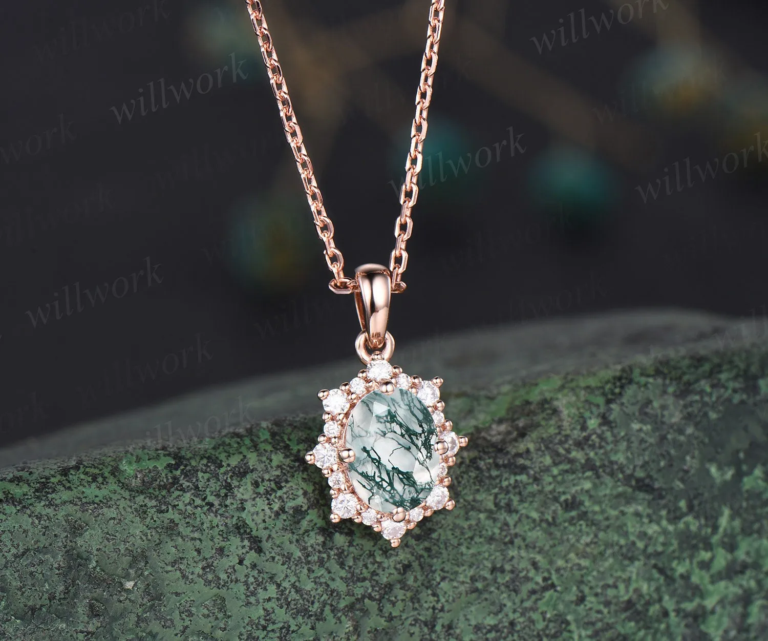 Vintage oval green moss agate necklace solid 14k 18k gold unique halo snowdrift diamond pendant women black stone anniversary gift jewelry sold by Willwork Jewelry product image thumbnail 3