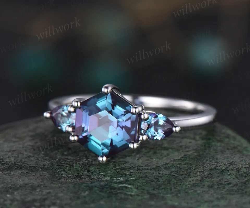 Pear hexagon Alexandrite ring vintage white gold 6 prong three stone unique engagement ring women Minimalist gemstone dainty wedding ring sold by Willwork Jewelry