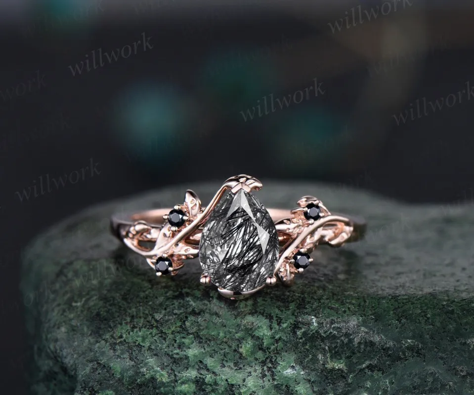Pear black rutilated quartz ring vintage five stone black spinel ring twig leaf unique engagement ring rose gold black gemstone ring women sold by Willwork Jewelry