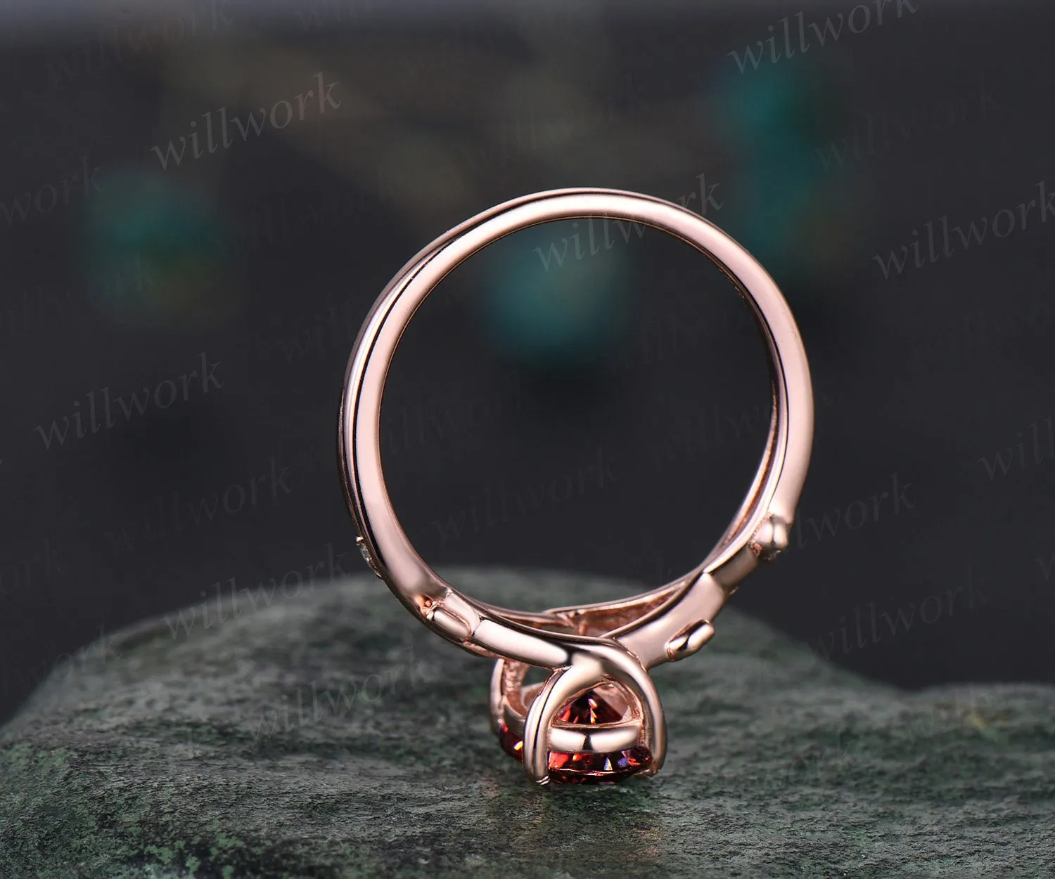 Vintage oval red garnet engagement ring nature inspired leaf three stone art deco diamond bridal wedding ring set women rose gold gemstone sold by Willwork Jewelry product image thumbnail 5