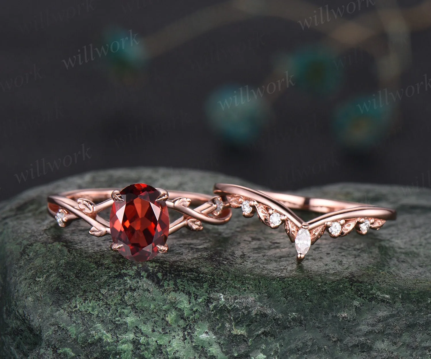 Vintage oval red garnet engagement ring nature inspired leaf three stone art deco diamond bridal wedding ring set women rose gold gemstone sold by Willwork Jewelry product image thumbnail 3