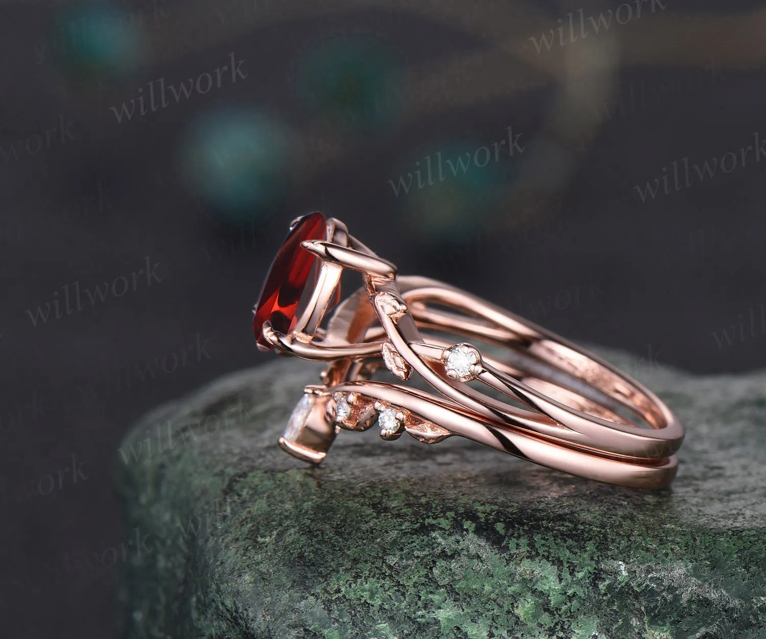 Vintage oval red garnet engagement ring nature inspired leaf three stone art deco diamond bridal wedding ring set women rose gold gemstone sold by Willwork Jewelry product image thumbnail 4