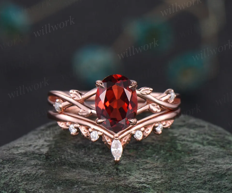 Vintage oval red garnet engagement ring nature inspired leaf three stone art deco diamond bridal wedding ring set women rose gold gemstone sold by Willwork Jewelry
