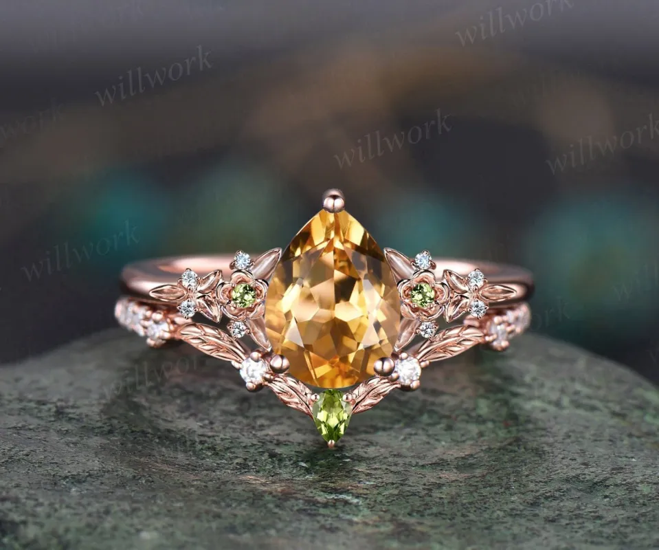 Vintage pear yellow citrine engagement ring rose gold twig leaf floral antique unique cluster peridot diamond bridal wedding ring set women sold by Willwork Jewelry