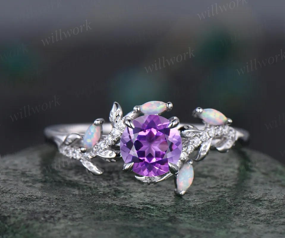 Vintage round amethyst engagement ring white gold leaf nature inspired branch half eternity diamond ring opal wedding anniversary ring women sold by Willwork Jewelry