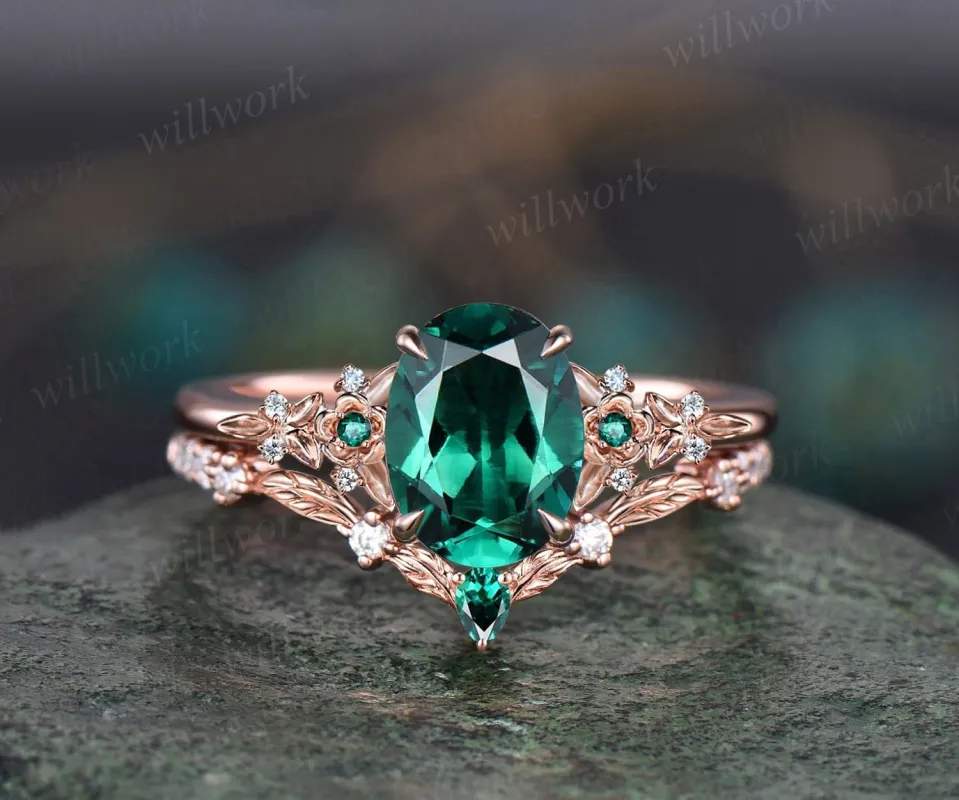 Vintage oval green emerald engagement ring 14k rose gold twig leaf floral antique unique cluster diamond bridal wedding ring set women gift made by Willwork Jewelry