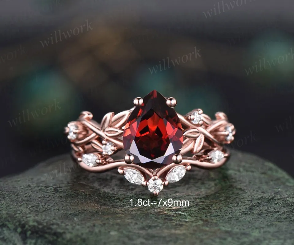 Vintage pear red garnet engagement ring set five stone leaf branch Nature inspired diamond bridal ring set women rose gold gemstone gift sold by Willwork Jewelry