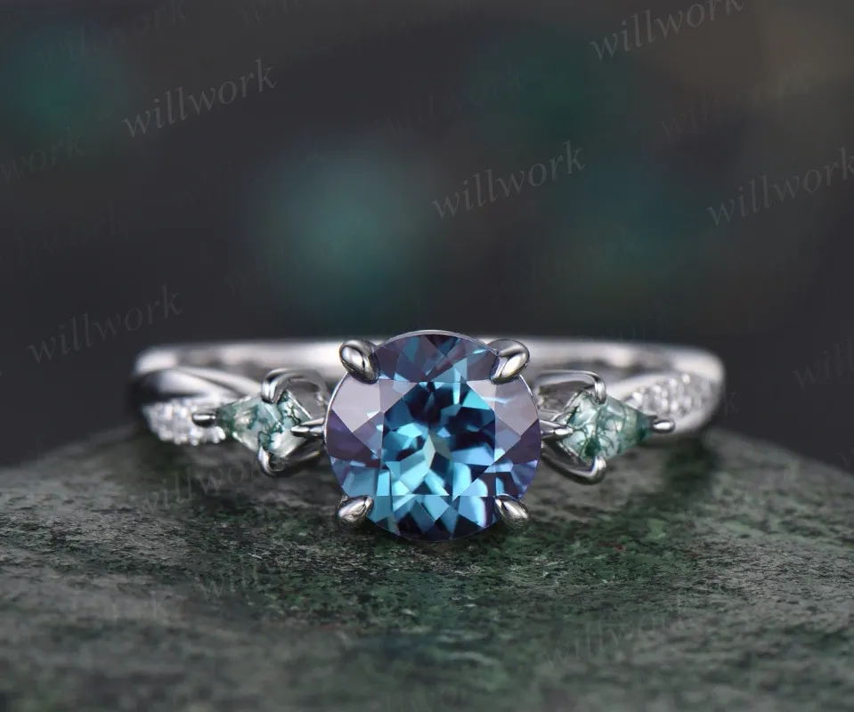 Vintage round alexandrite engagement ring eternity twisted diamond ring white gold kite moss agate antique bridal wedding ring women gift sold by Willwork Jewelry