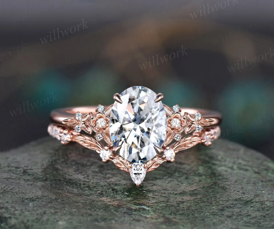 Oval cut moissanite ring vintage rose gold leaf floral nature inspired engagement ring women art deco cluster diamond bridal ring set gift sold by Willwork Jewelry