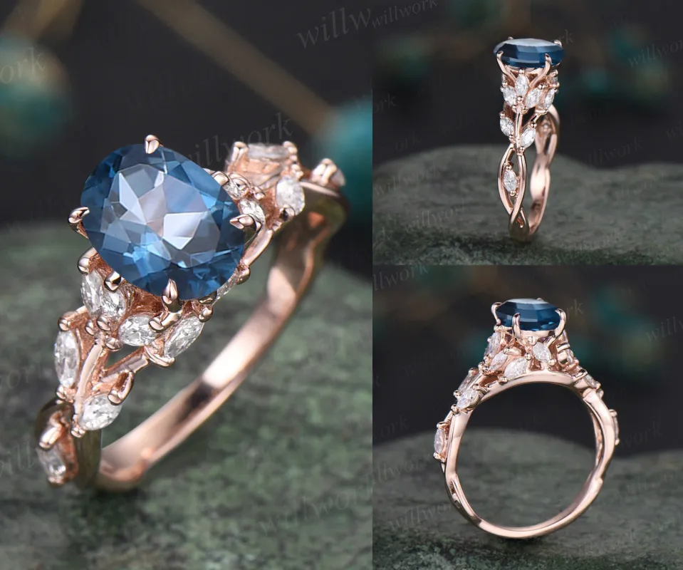 Oval London blue topaz engagement ring vintage floral twig moissanites ring proposal wedding ring nature inspired ring for women sold by Willwork Jewelry