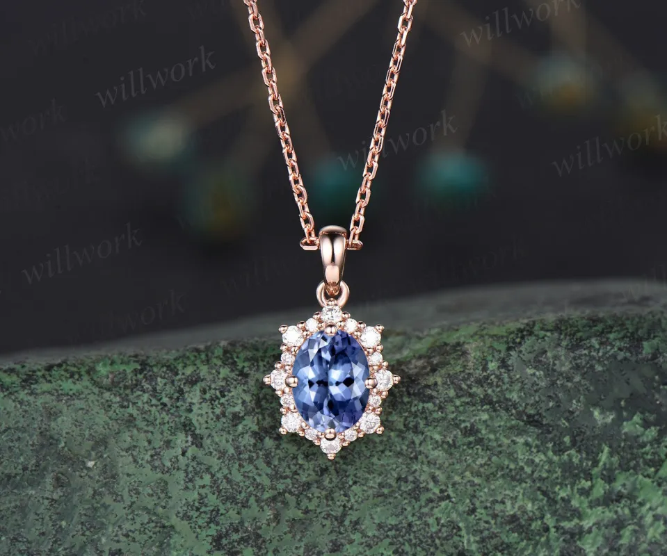 Vintage oval blue Tanzanite necklace solid 14k 18k gold unique halo snowdrift diamond pendant women black stone anniversary gift jewelry sold by Willwork Jewelry