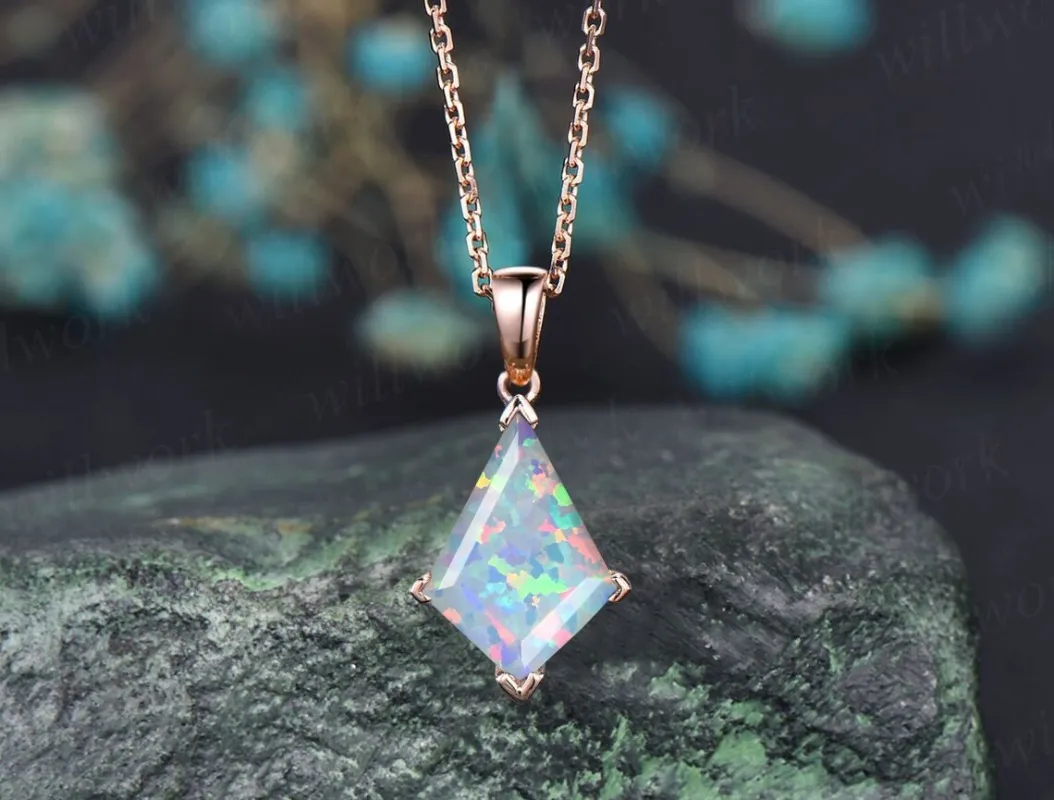Kite white opal necklace solid 14k 18k rose gold vintage unique Personalized pendant for women her anniversary bridal gift mother sold by Willwork Jewelry