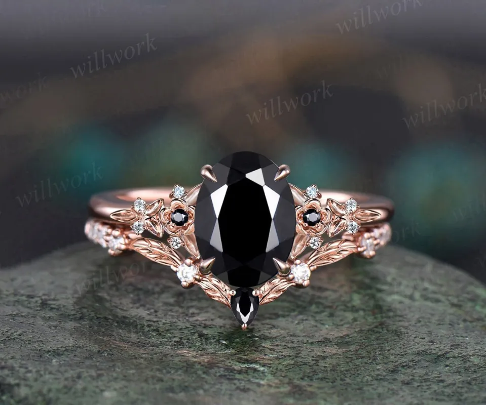 Vintage oval black Onyx engagement ring rose gold leaf nature inspired black spinel diamond ring women art deco bridal promise ring set sold by Willwork Jewelry