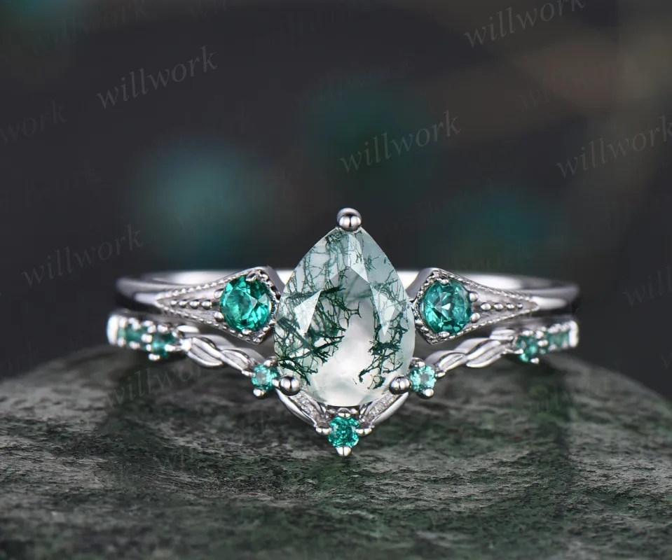 Vintage pear green moss agate engagement ring white gold Milgrain leaf three stone emerald wedding ring band women antique promise ring set sold by Willwork Jewelry