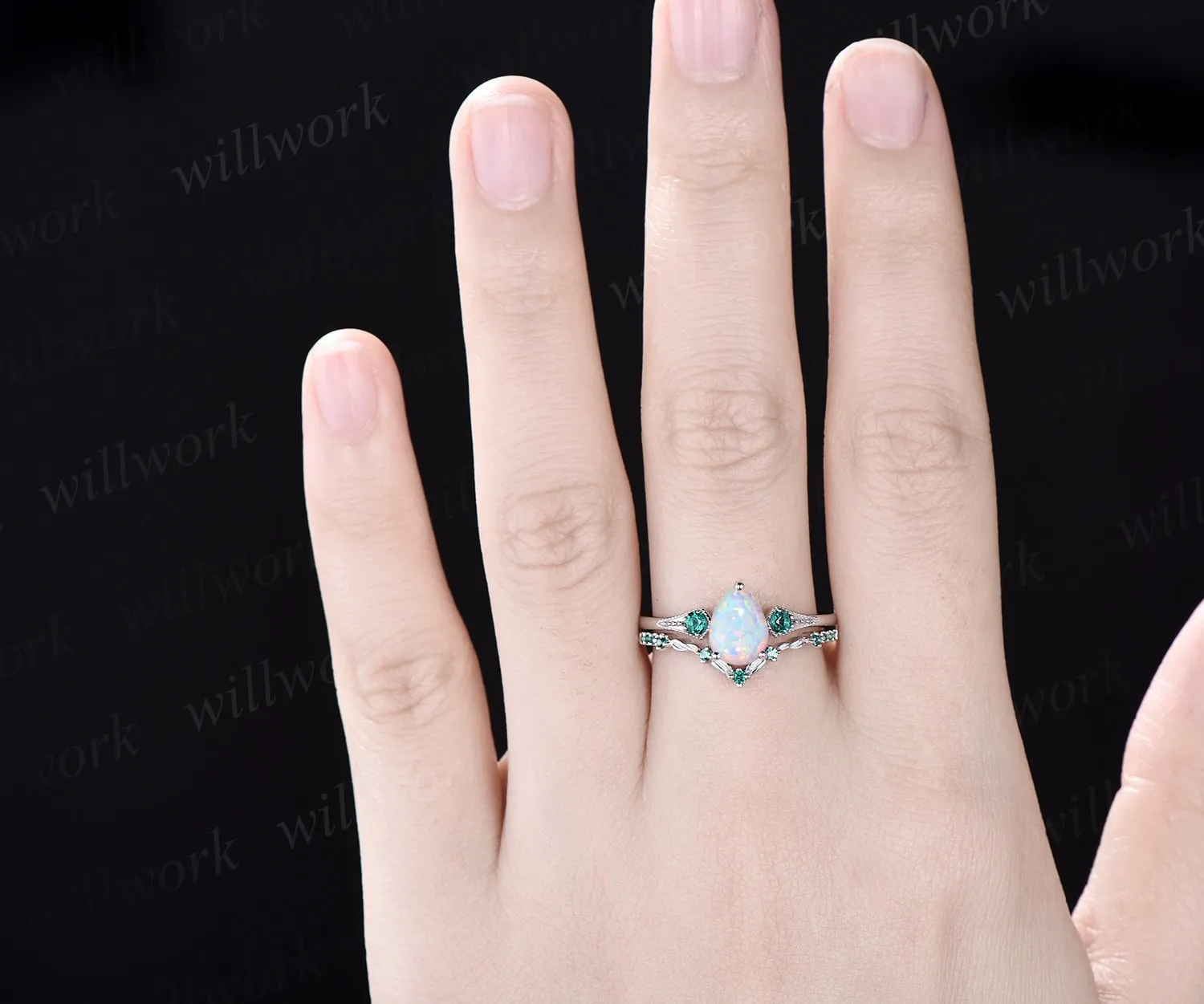 Vintage pear white opal engagement ring white gold Milgrain leaf three stone emerald wedding ring band women antique promise ring set sold by Willwork Jewelry product image thumbnail 2