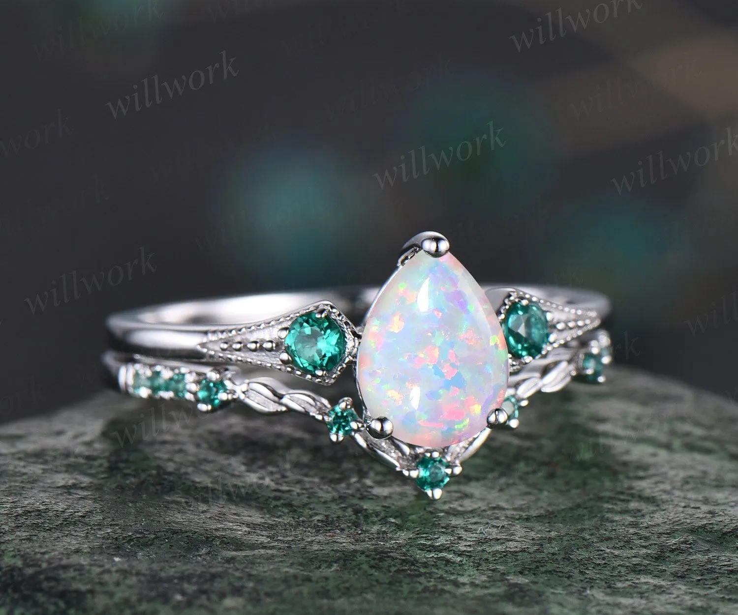 Vintage pear white opal engagement ring white gold Milgrain leaf three stone emerald wedding ring band women antique promise ring set sold by Willwork Jewelry product image thumbnail 3