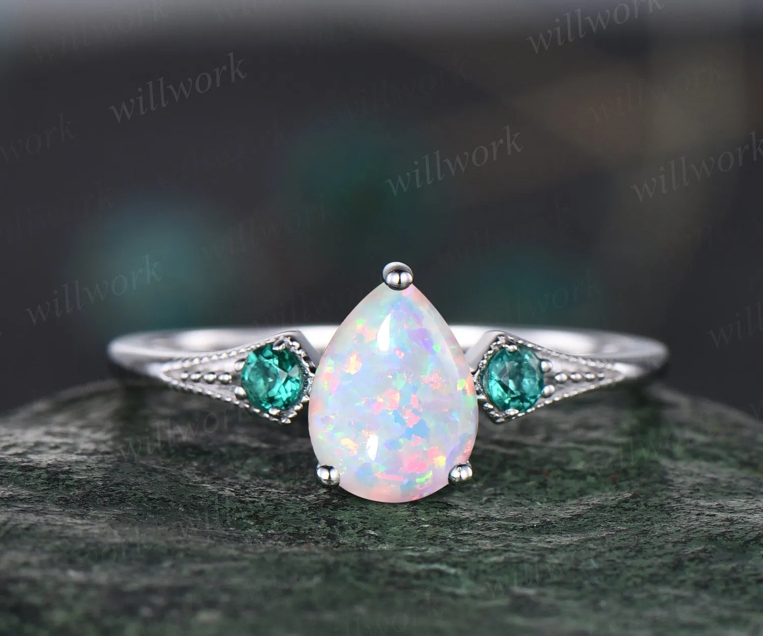 Vintage pear white opal engagement ring white gold Milgrain leaf three stone emerald wedding ring band women antique promise ring set sold by Willwork Jewelry product image thumbnail 4