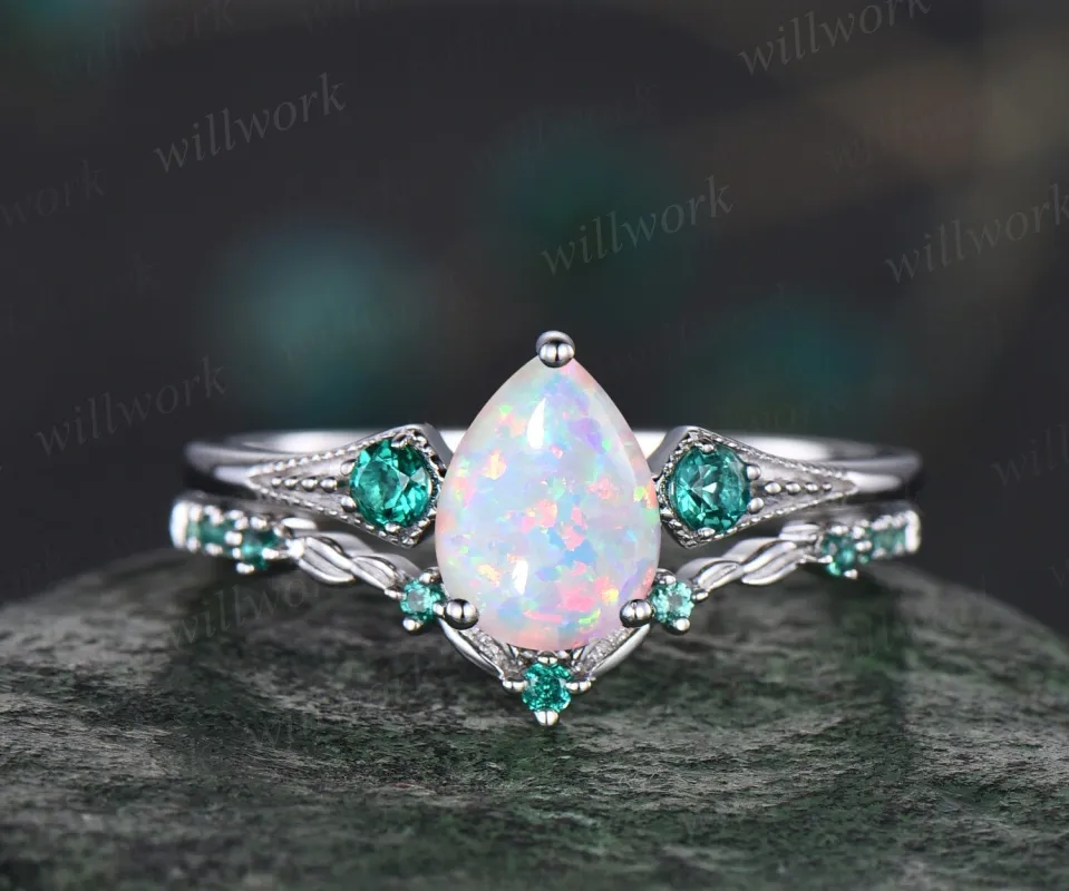 Vintage pear white opal engagement ring white gold Milgrain leaf three stone emerald wedding ring band women antique promise ring set sold by Willwork Jewelry