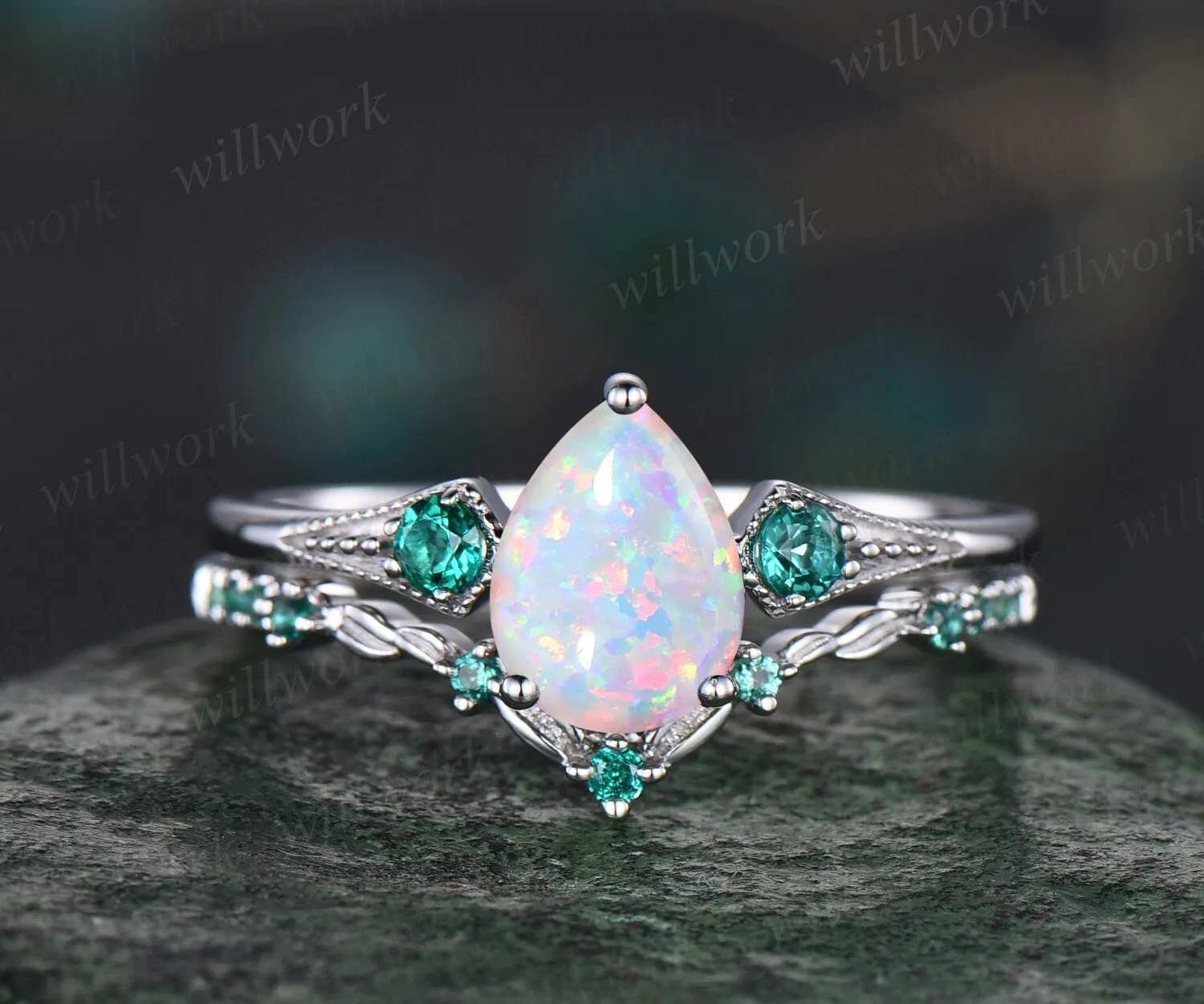 Vintage pear white opal engagement ring white gold Milgrain leaf three stone emerald wedding ring band women antique promise ring set sold by Willwork Jewelry