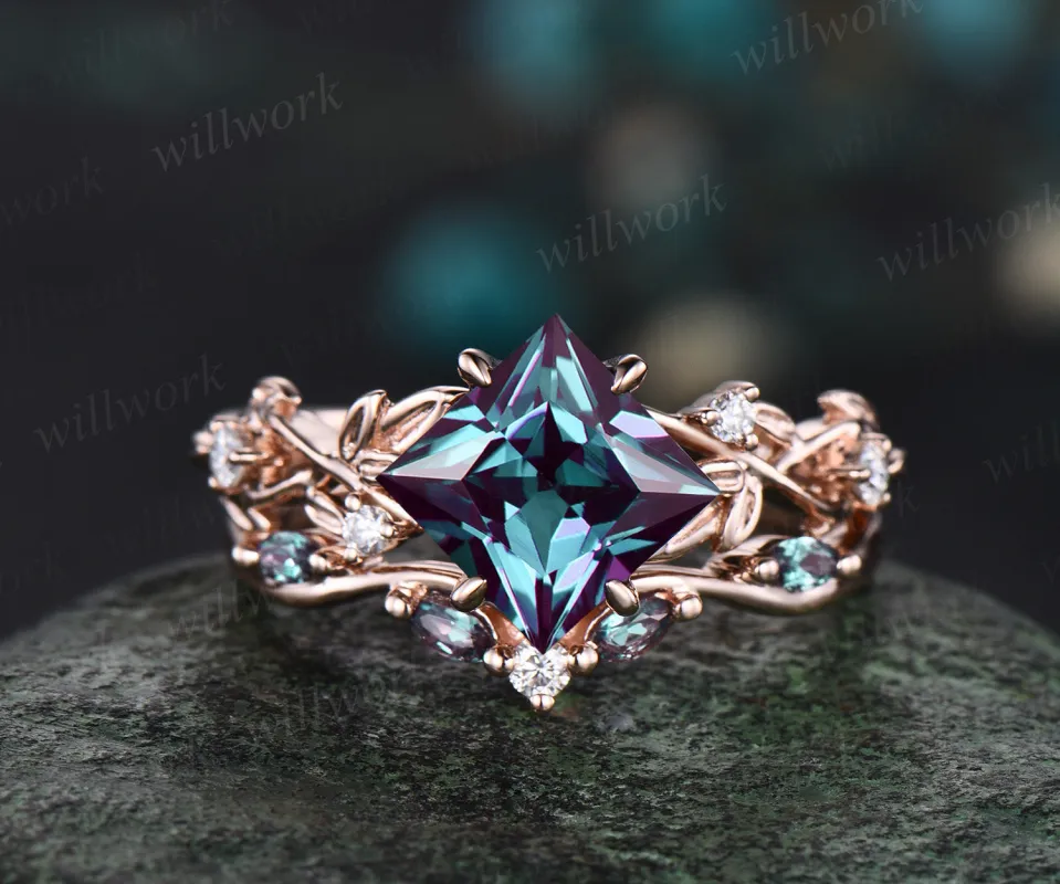 Princess cut Alexandrite engagement ring set 14k white gold five stone leaf branch Nature inspired ring diamond bridal ring set women gift sold by Willwork Jewelry