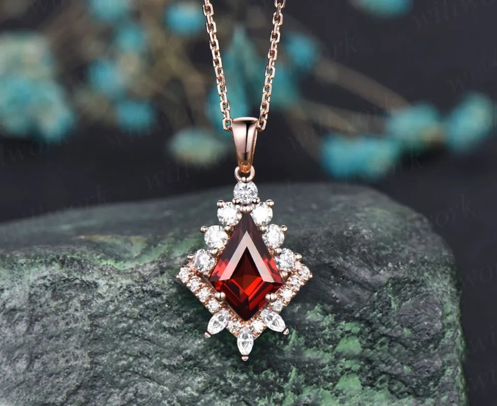 Kite cut red garnet necklace solid 14k 18k yellow gold vintage unique halo diamond pendant women her art deco anniversary gift mother sold by Willwork Jewelry