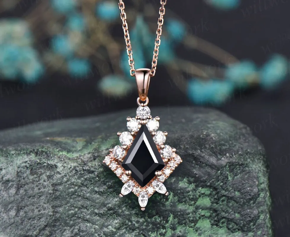 Kite cut black Onyx necklace solid 14k 18k rose gold vintage unique halo diamond  pendant for women her art deco anniversary gift mother sold by Willwork Jewelry