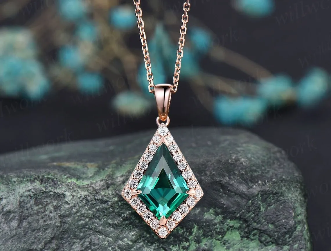 Vintage kite green emerald necklace solid 14k 18k rose gold halo diamond pendant dainty unique bridal anniversary gift for women mother sold by Willwork Jewelry