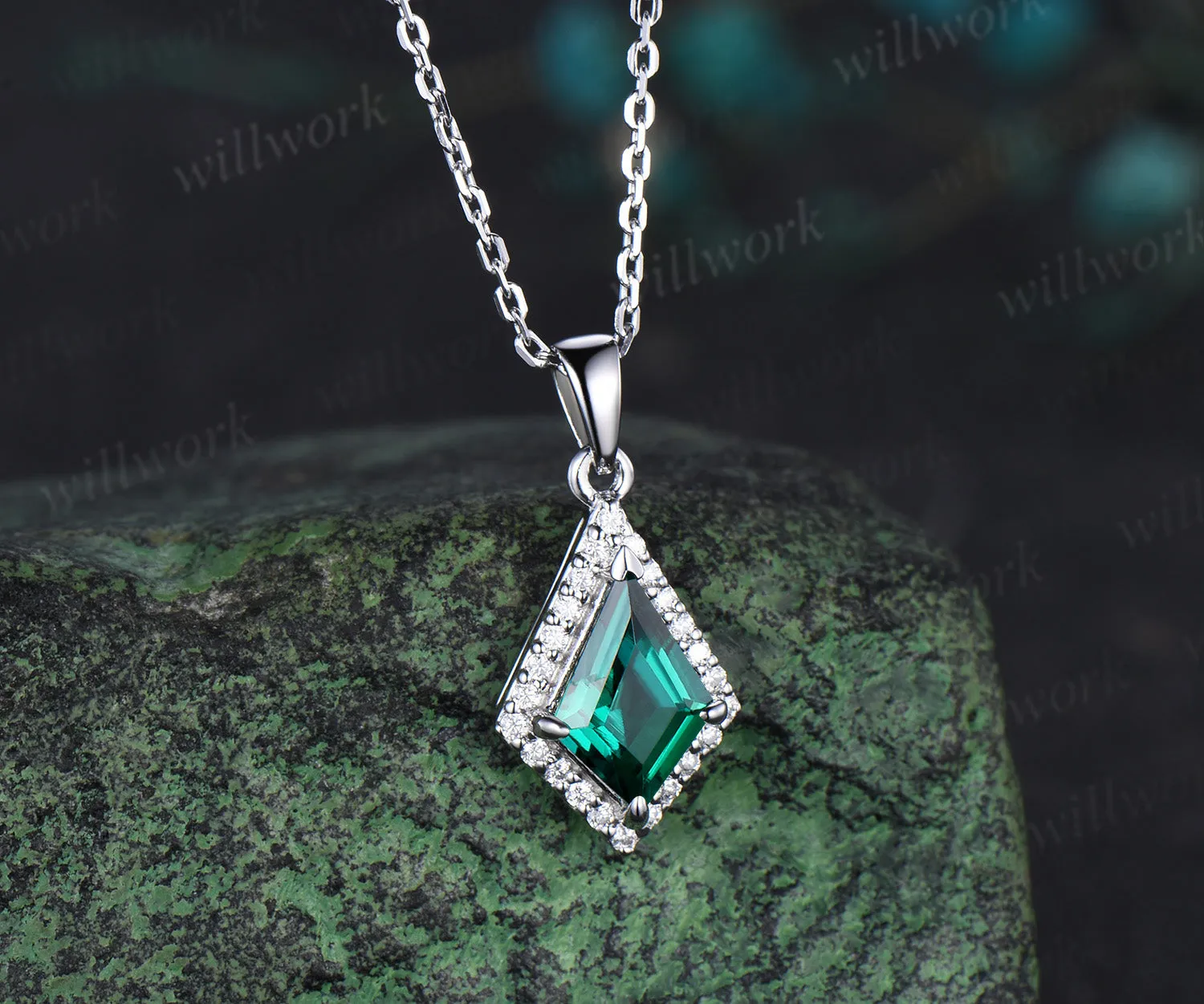 Vintage kite green emerald necklace solid 14k 18k rose gold halo diamond pendant dainty unique bridal anniversary gift for women mother sold by Willwork Jewelry product image thumbnail 4