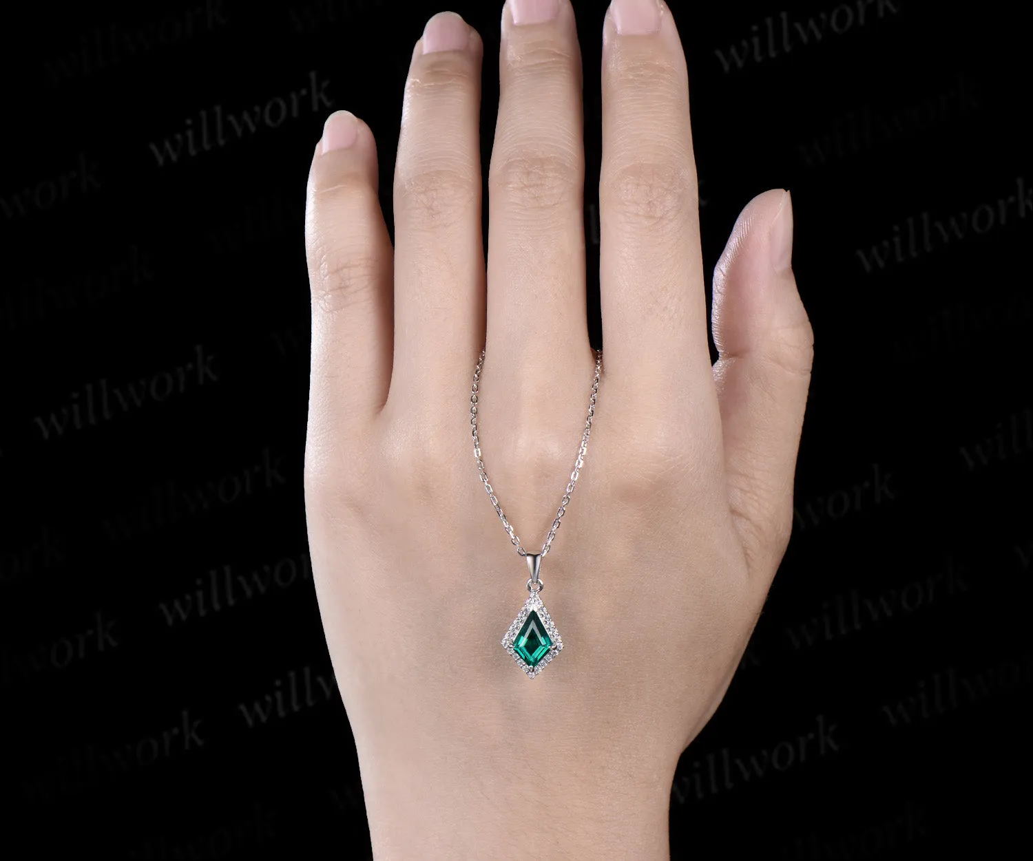 Vintage kite green emerald necklace solid 14k 18k rose gold halo diamond pendant dainty unique bridal anniversary gift for women mother sold by Willwork Jewelry product image thumbnail 5