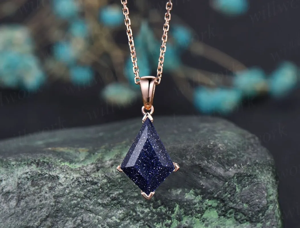 Kite blue sandstone necklace solid 14k 18k rose gold vintage unique Personalized pendant women her gemstone anniversary bridal gift mother sold by Willwork Jewelry