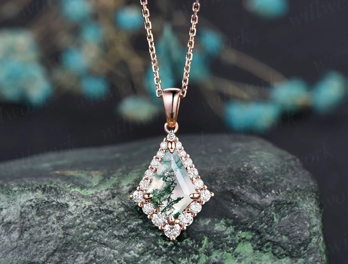 Kite cut natural green moss agate necklace unique halo snowdrift moissanite necklace pendant rose gold women mother anniversary gift sold by Willwork Jewelry