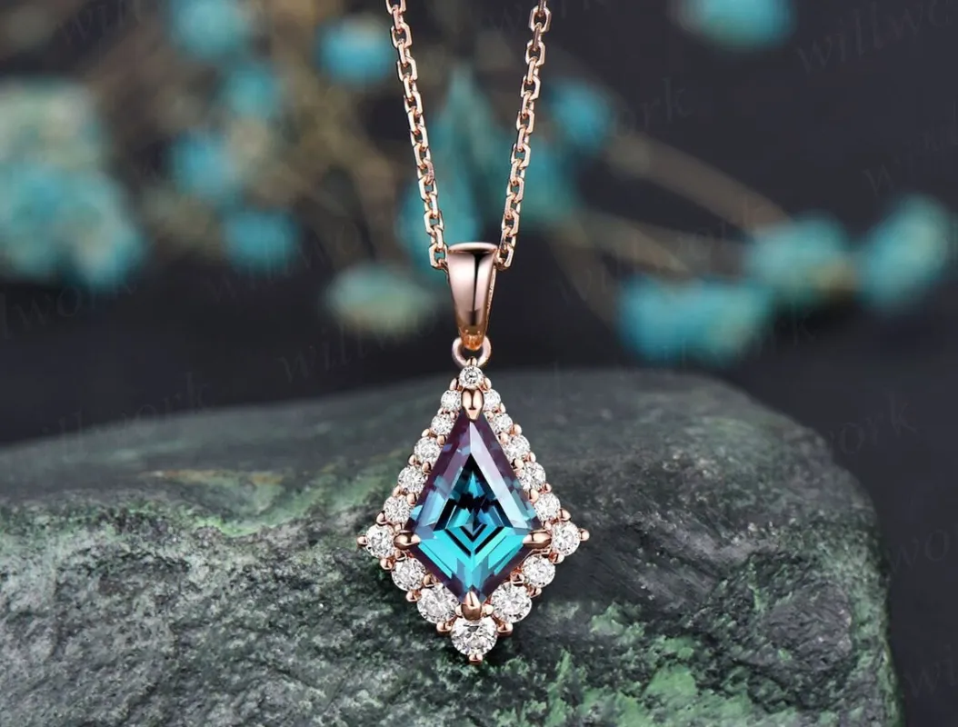 Kite cut alexandrite necklace unique halo snowdrift moissanite necklace pendant rose gold women mother bridal promise anniversary gift sold by Willwork Jewelry