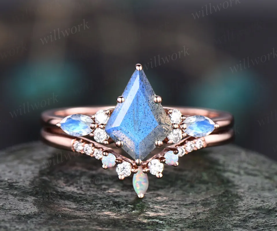Kite cut blue Labradorite engagement ring marqiuse moonstone moissanite ring art deco opal wedding band bridal ring set for women promise anniversary ring sold by Willwork Jewelry