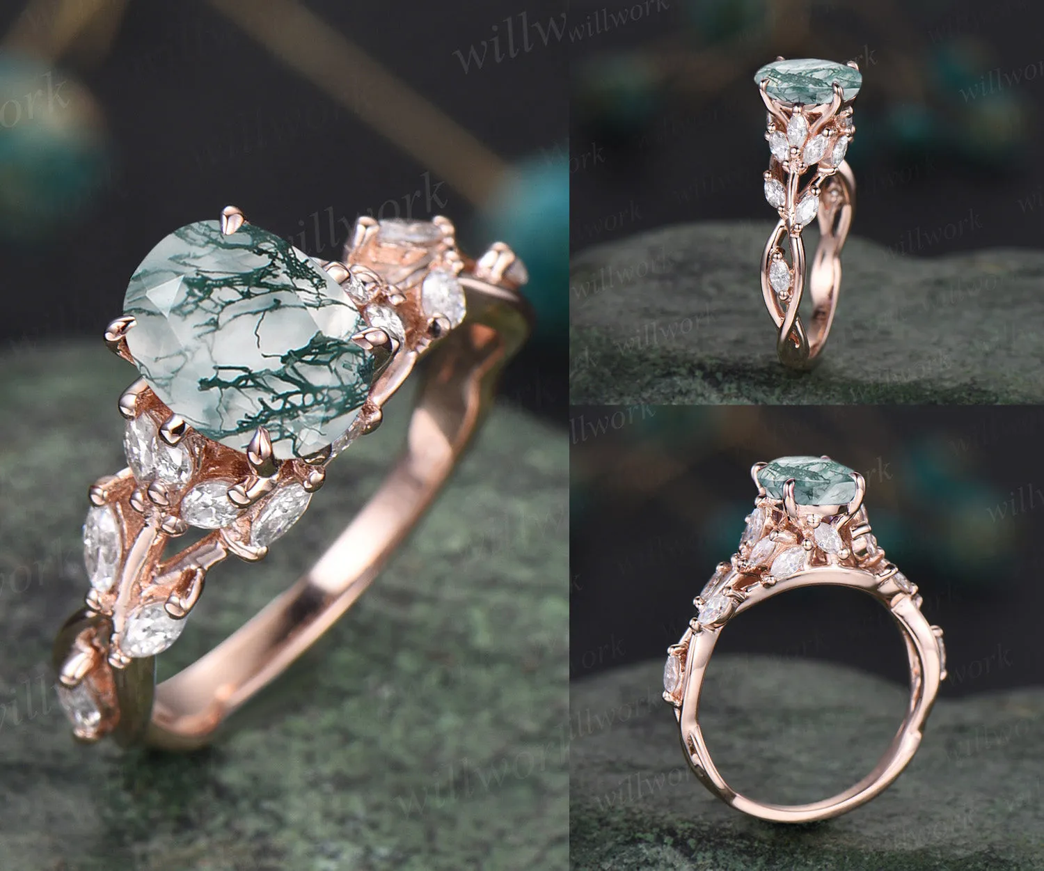 Natural moss agate engagement ring vintage floral twig moissanites ring rose gold nature inspired ring for women gift sold by Willwork Jewelry product image thumbnail 4