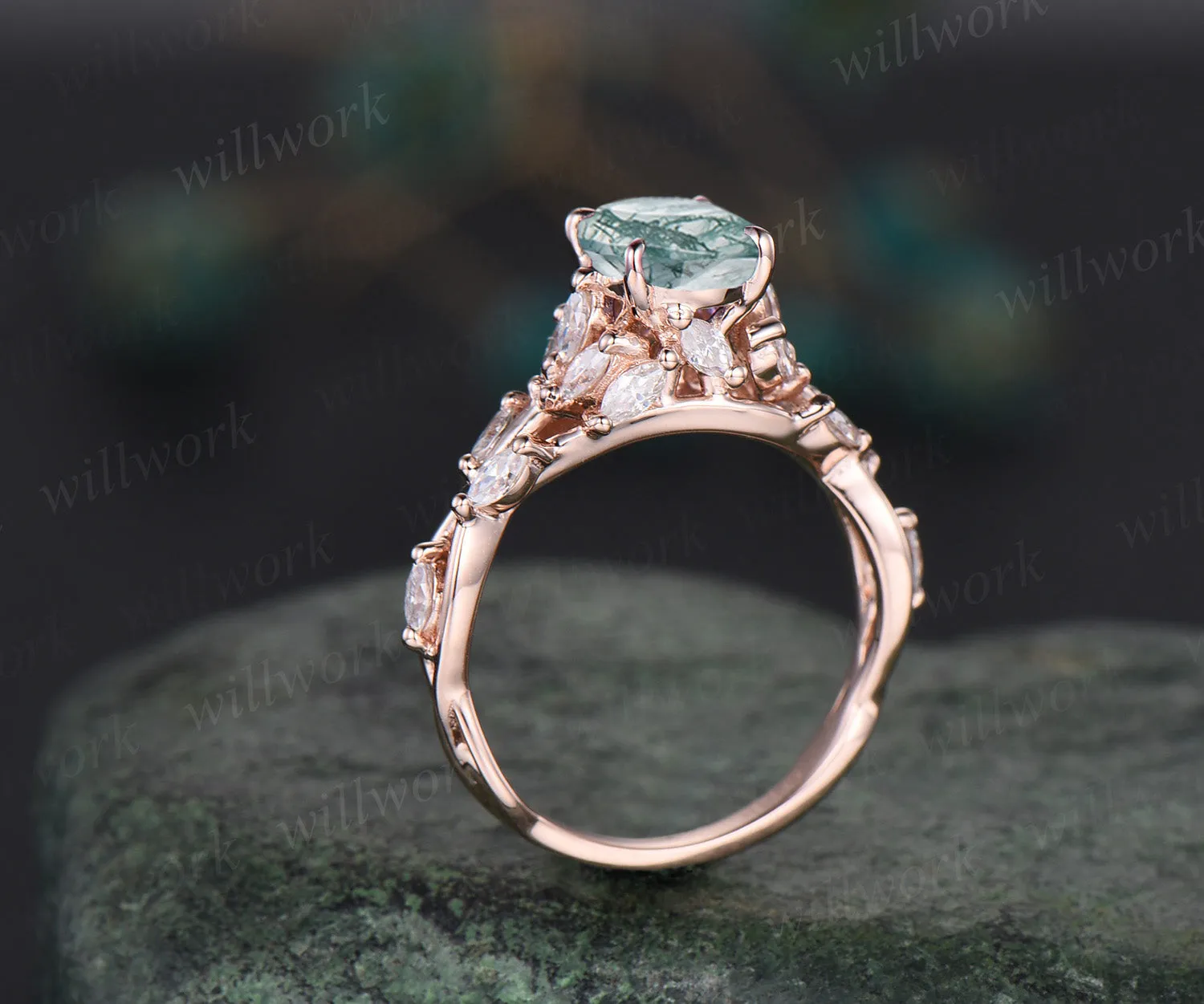 Natural moss agate engagement ring vintage floral twig moissanites ring rose gold nature inspired ring for women gift sold by Willwork Jewelry product image thumbnail 5