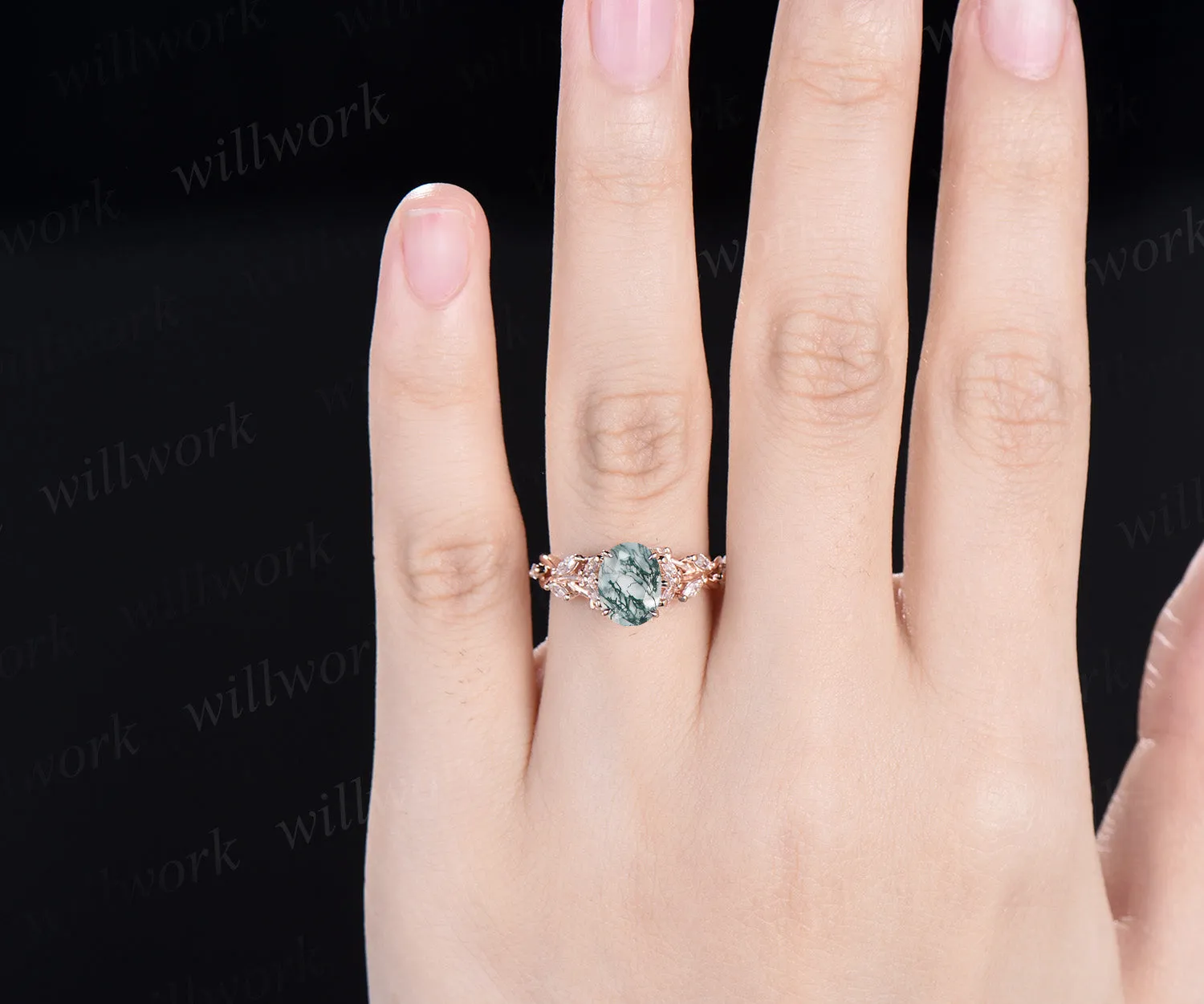Natural moss agate engagement ring vintage floral twig moissanites ring rose gold nature inspired ring for women gift sold by Willwork Jewelry product image thumbnail 2