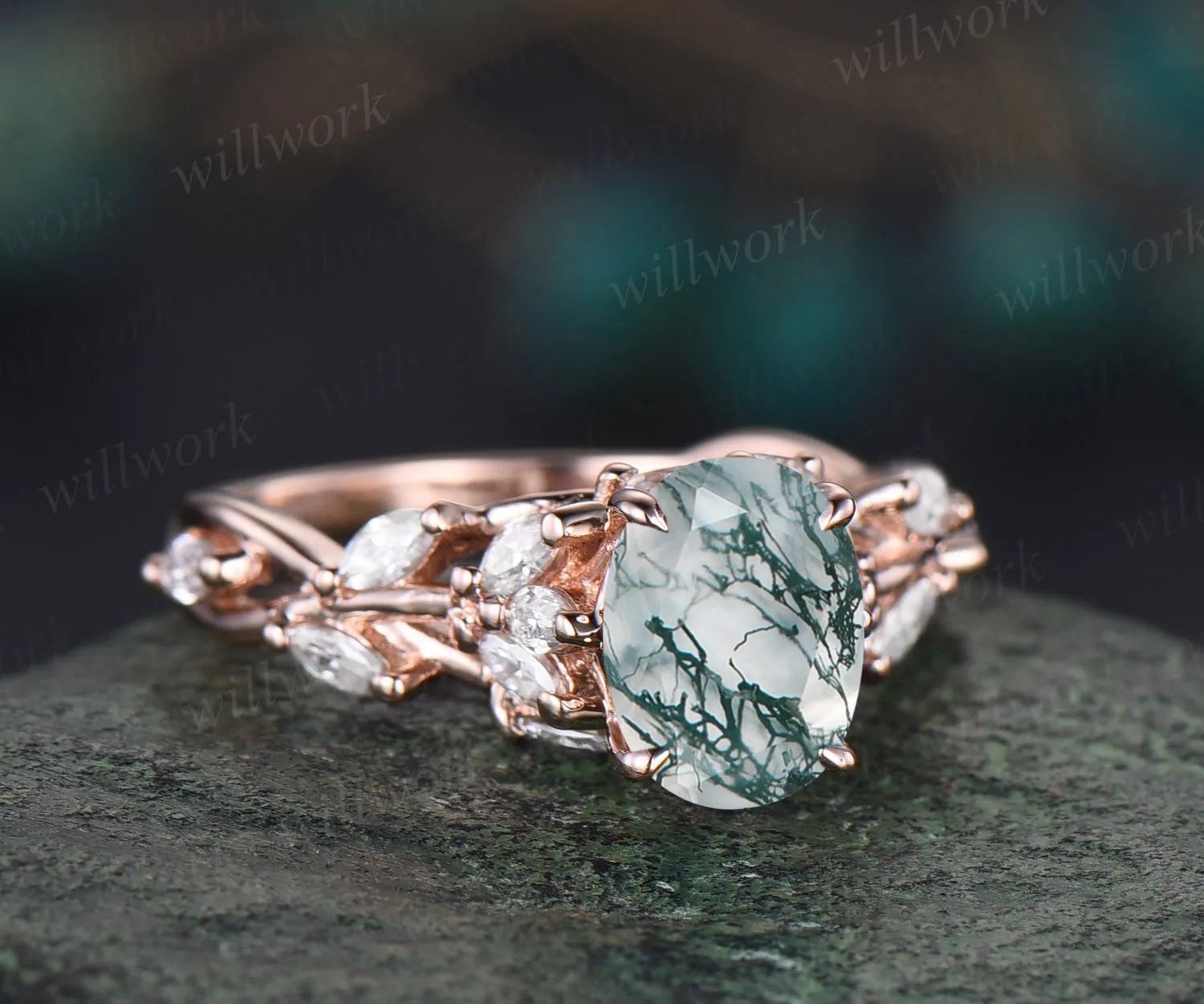Natural moss agate engagement ring vintage floral twig moissanites ring rose gold nature inspired ring for women gift sold by Willwork Jewelry product image thumbnail 3