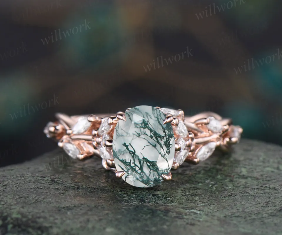 Natural moss agate engagement ring vintage floral twig moissanites ring rose gold nature inspired ring for women gift sold by Willwork Jewelry