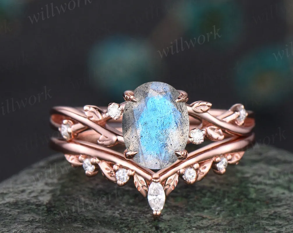 Oval blue labradorite engagement ring set twig branch ring curved leaf moissanite wedding band bridal set for women sold by Willwork Jewelry