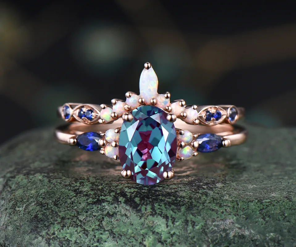 Vintage oval Alexandrite engagement ring set opal sapphire ring curved marquise opal wedding band 14k rose gold bridal set anniversary gifts sold by Willwork Jewelry