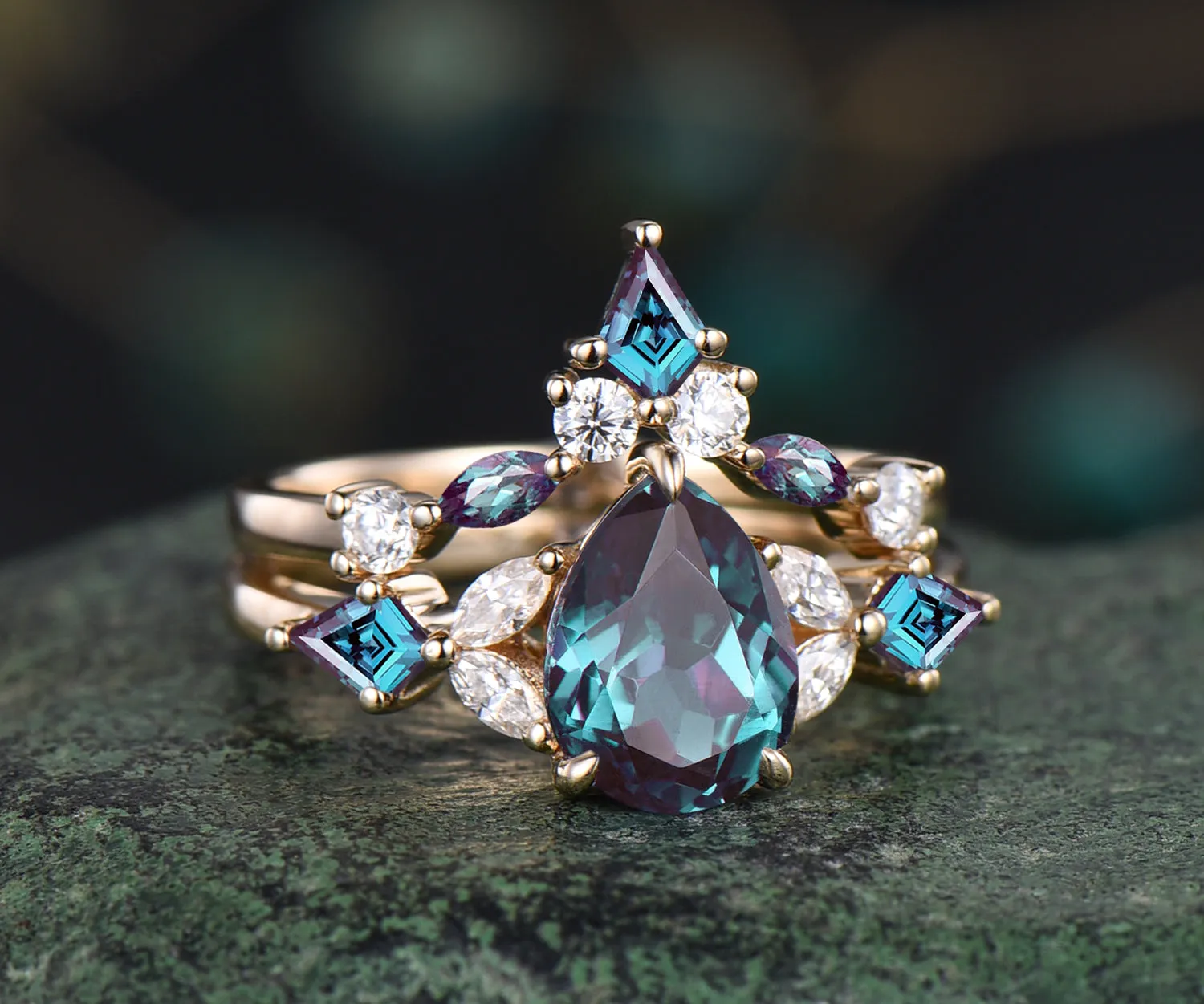 Teardrop Alexandrite engagement ring set cluster moissaanite kite alexandrite ring art deco crown wedding band June birthstone ring bridal wedding set sold by Willwork Jewelry product image thumbnail 3